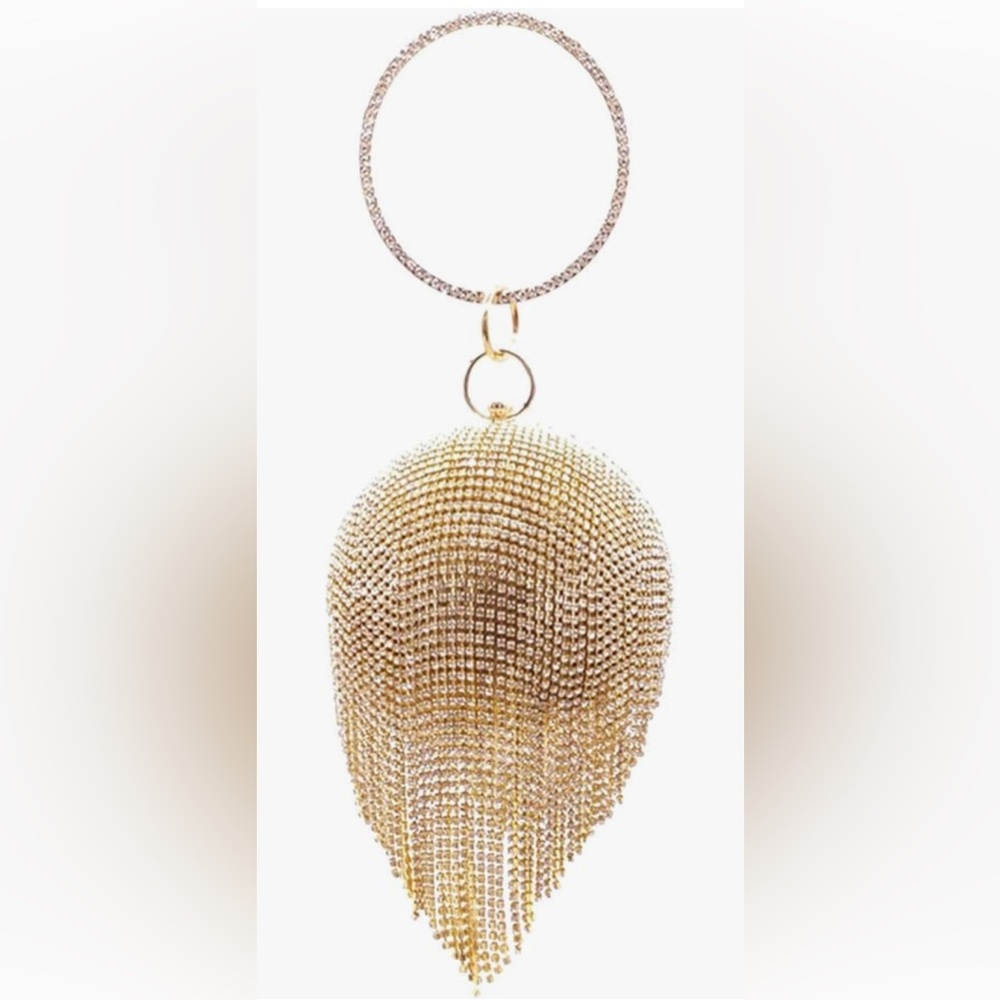Rhinestone gold ball evening purse with tassels & ring handle. Holiday party. - Picture 3 of 9